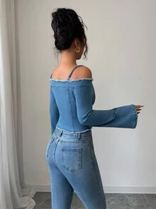 Siren Gaze 1 Peça Blusa Casual Feminina de Mangas Longas Denim com Alças Finas e Ombros à Mostra, Azul