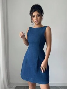 Siren Gaze 女式休闲无袖露背牛仔连衣裙，夏季 - 藍色 - 查看 4