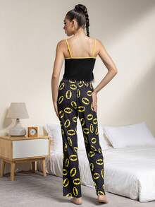 BATMAN X SHEIN Women's Summer Bat Print Trim Camisole Top And Pants Pajama Set Printed Pajama Set Tank Top Pajama Set Tank Top Pj Set One Piece Pajama For Women - Black - View 2