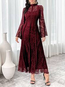 Modelyn Women's Stand Collar Flare Sleeve Lace Elegant Long Arabic Style Dress Long Evening Dresses