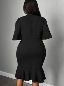 SHEIN PETITE CURVE 大码女式休闲优雅办公室职业通勤知性泡泡袖紧身中长/短袖连衣裙、毕业礼服、女士正装 - 黑色 - 查看 2