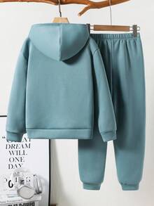 2 件儿童/青少年男童休闲字母压花连帽运动衫和休闲纯色针织裤套装，适合通勤、上学、休闲、旅行、运动、春夏/秋冬 - 淺藍色 - 查看 2
