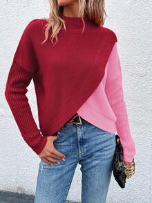 SHEIN LUNE Casual Color Block Stand Collar Wrap Sweater, Autumn/Winter - Multicolor - View 6