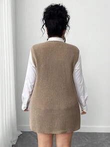 Elenzga Plus Size Women Loose Knit Crew Neck Casual Sleeveless Sweater Vest With Large Pockets, Solid Color, Autumn/Winter - Khaki - View 3