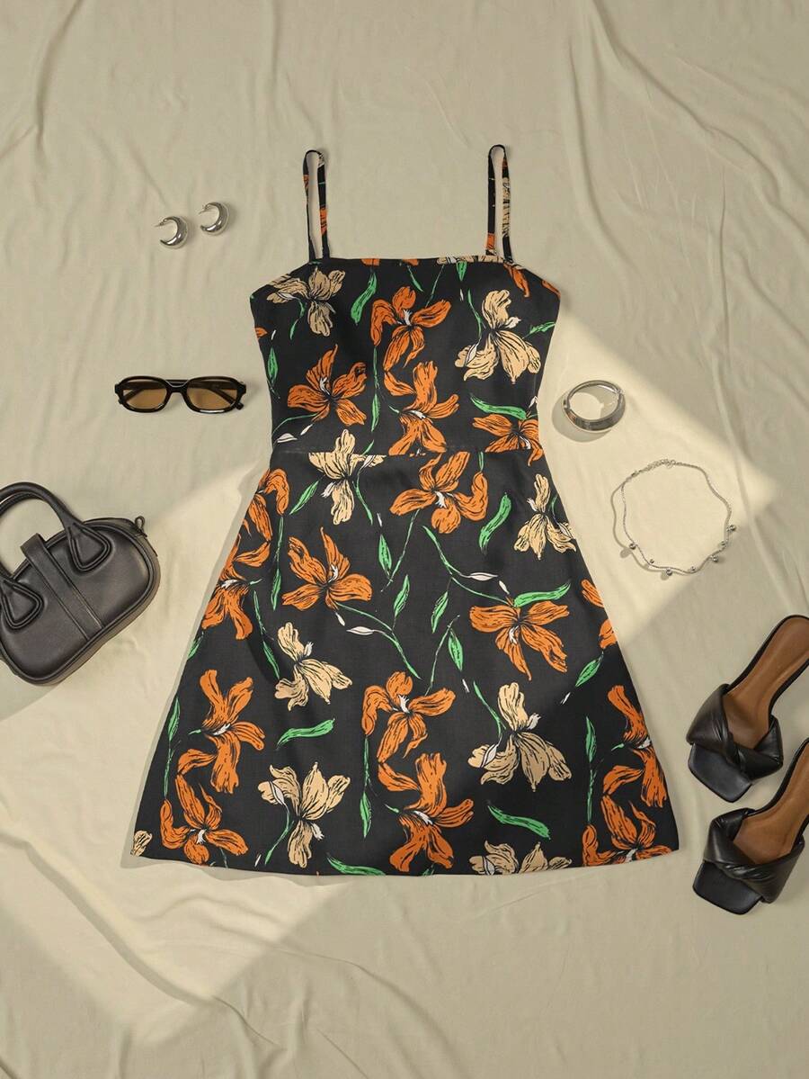 Floral Print Ruched Bust Cami Dress - Multicolor - View 1