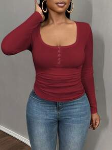 Slaydiva Camiseta feminina casual de manga comprida com decote redondo e botões