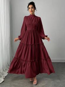 Veilorie Women's Solid Color Stand Collar Lantern Sleeve Waist Ruched Flounce Hem Elegant Dress - Burgundy - View 4