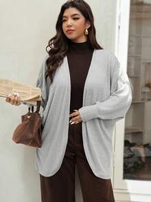 Vionelle Plus Size Women Elegant Gray Knit Blend Open Front Short Sleeve Cardigan