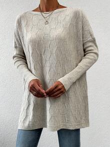 EURMUSE Solid Drop Shoulder Split Hem Sweater - Beige - View 4