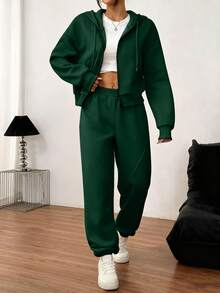 Rina Fox 女式纯色连帽抽绳运动衫和裤子两件套 - 綠色 - 查看 3