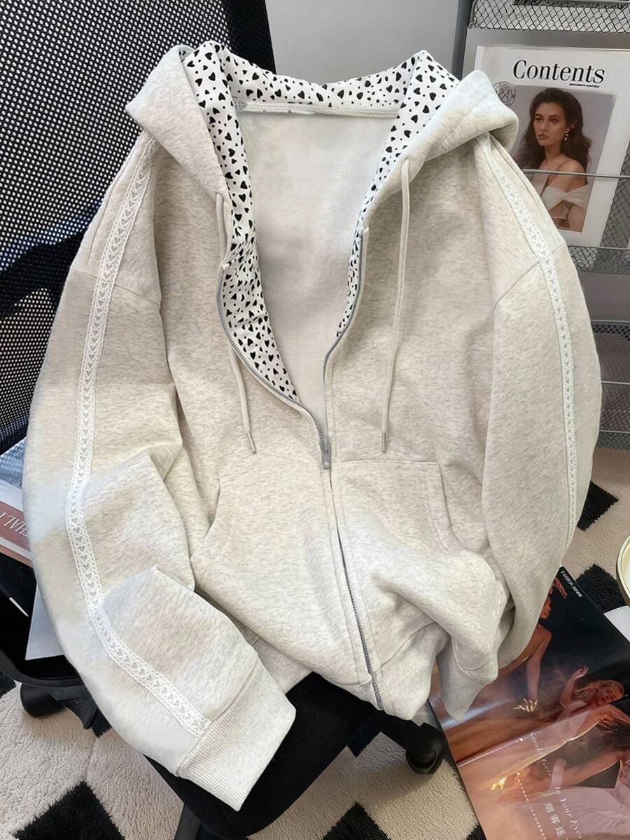 Women's Casual Heart Print Zip-Up Drawstring Sweatshirt, Autumn - Grey - View 1
