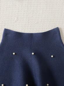 SHEIN Tween Girl Beaded Loose Long Sleeve Turtleneck Sweater & Ruffle Hem Elegant A-Line Skirt Set Autumn Winter Clothes For Women Skirt Two Piece Set For Kids - Navy Blue - View 5