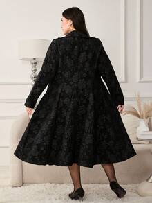 Reflora Plus Size Elegant Vintage Black 3D Rose Jacquard Waist Flare Dress Coat, 1950s Princess Style Waist Coat, Casual Chic Commuter Black Coat, Autumn Coat, Trench Coat, Black Trench Coat, Princess Coat, Fall Coat, Rose Coat, Floral Coat, Women's Winter Coat, Halloween Clothes For Women,  Fall Clothes For Women, Autumn Outfits For Women,Halloween Costumes, Halloween Costume, Halloween Clothes