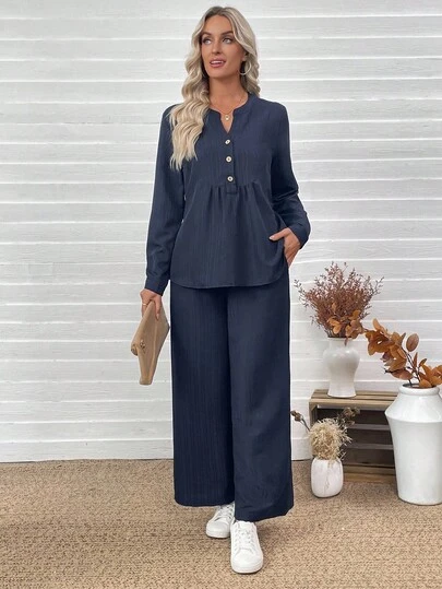 EMERY ROSE 2件套女士纯色V领卷边袖衬衫和阔腿裤休闲2件套两件套女士套装裤子2件套休闲套装女士衬衫和裤子套装2件亚麻套装女士加大码服装2件套女士秋季衣服