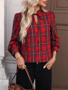 SHEIN LUNE 女士休闲格子圣诞系带衬衫 格子纽扣红色格子上衣 红色格子上衣 红黑衬衫 亲子格子套装 秋冬长袖上衣 圣诞格子 圣诞节 圣诞格子衬衫 - 彩色 - 查看 7