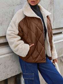 SHEIN Cottnline Padded Jacket With Fur Collar And Patchwork, Two Pockets At Front, Snap Buttons, Quilting Details Streetwear - Brown - View 5