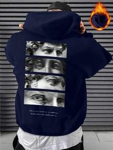 Manfinity Roghcode 男式大卫印花长袖抽绳保暖内衬休闲连帽衫，秋冬款 - 藏蓝色 - 查看 6