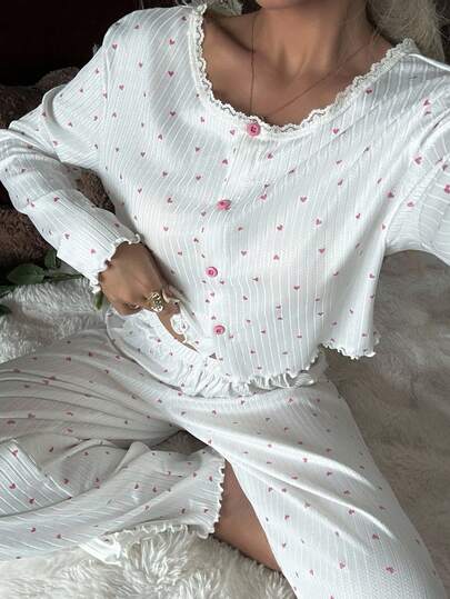 CottageSlumber Heart Print Lace Trim Decor Crew Neck Cardigan & Long Pants 2 Pieces Pajama Set Pajama Sets For Women Round Neck Pj Sets For Women Long Sleeve Cherry Pajama Set Long Sleeve Lounge Set Pajamas Set Two Pieces, Fall Clothes
