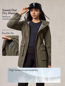 OutZeal 女士防水可拆卸帽拉链口袋抽绳腰带长款户外外套，适合秋冬季徒步露营 - 軍綠色 - 查看 4