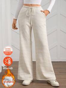 SHEIN LUNE Quần vải kaki kẻ sọc lót nhiệt dành cho nữ, có túi và viền xẻ, ống đứng, trang phục thường ngày, thu/đông - Màu Khaki - Xem 1