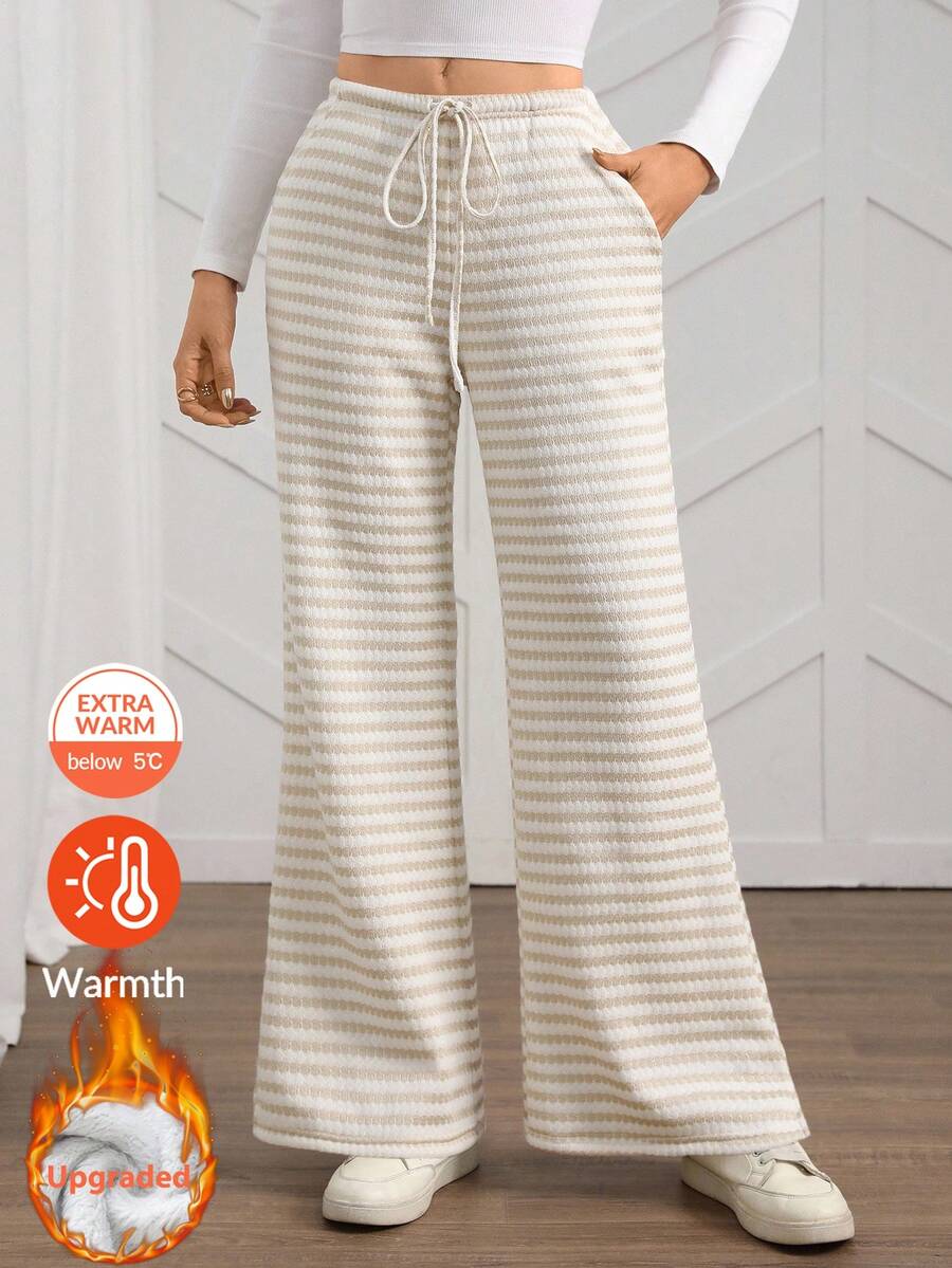 SHEIN LUNE Quần vải kaki kẻ sọc lót nhiệt dành cho nữ, có túi và viền xẻ, ống đứng, trang phục thường ngày, thu/đông - Màu Khaki - Xem 1