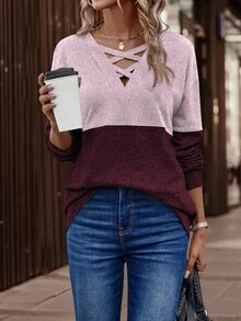 SHEIN LUNE Casual Color Block Drop Shoulder Sweatshirt, Autumn - Multicolor - View 6