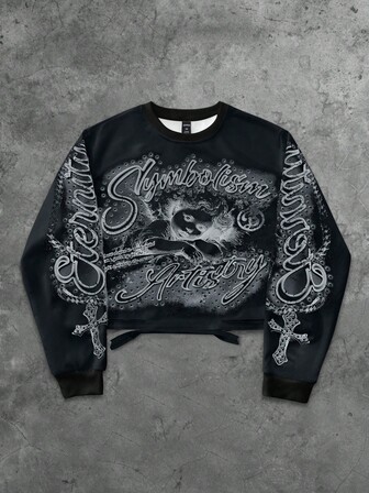 Street Life Sudadera con capucha corta vintage para hombres con estampado de cruz y ángel desgastado, adecuada para otoño/invierno