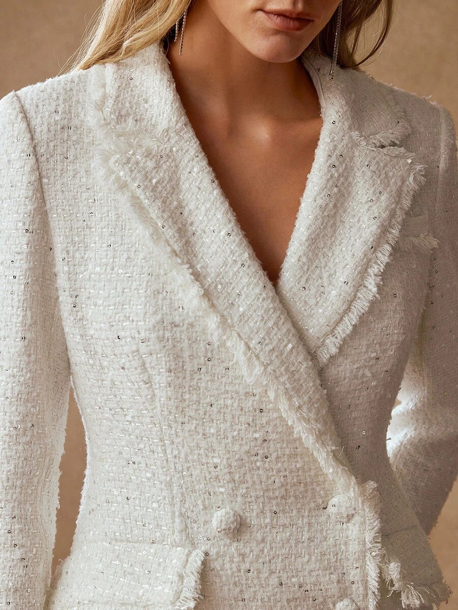 MOTF PREMIUM TWEED DOUBLE BREASTED BLAZER DRESS, FALL WINTER - White - View 2