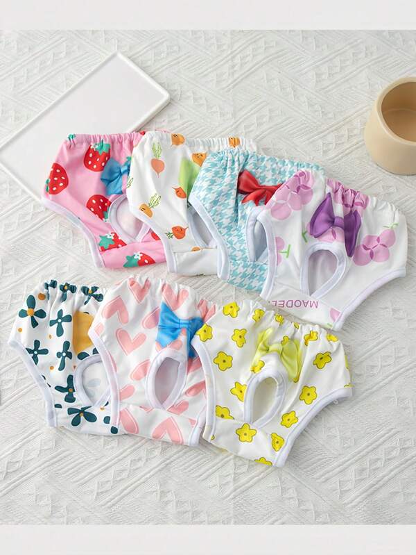 Washable Set Of 7 Dog Physiological Shorts With Cute Pet Prints Absorbent Reusable Leakproof Puppy Diapers For Small Medium Dogs