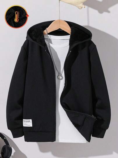 SHEIN 男童纯色长袖拉链保暖连帽外套，秋冬季，黑色连帽衫，冬季服装