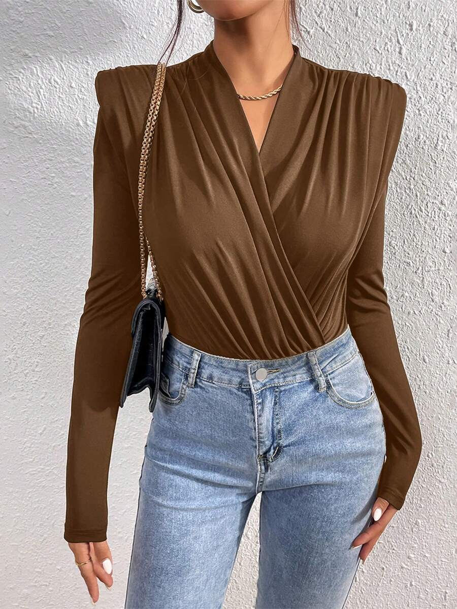 Firerie Women's Solid Color Overlap V-Neck Long Sleeve Pleated Bodysuit - Chocolate Brown - View 1