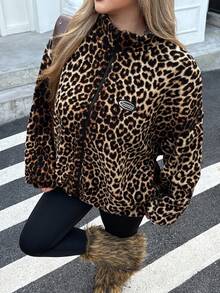 SHEIN EZwear 加大码豹纹毛茸茸夹克，可调节抽绳下摆，冬季保暖 - 彩色 - 查看 2