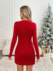 SHEIN LUNE Nuevo vestido de suéter de mujer con cuello en V estilo retro chic de Hong Kong, estilo europeo y americano, para el otoño - Rojo - Ver 2