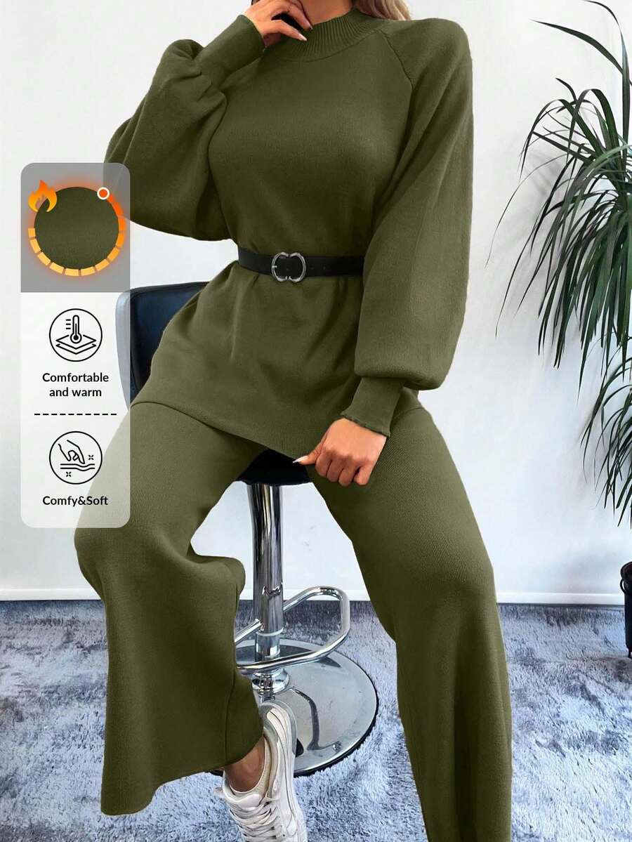 EURMUSE 女式休闲纯色长袖高领毛衣和长裤两件套 - 軍綠色 - 查看 1