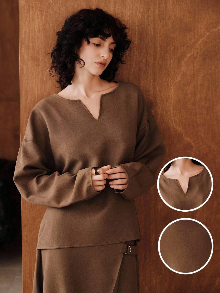 Uhlyne Uhlyne Minimalist V-Neck Casual Top, Loose H-Shaped Shirt, Batwing Long Sleeve Top With Single Pocket Design, Relaxed Long Sleeve Casual Blouse For Women