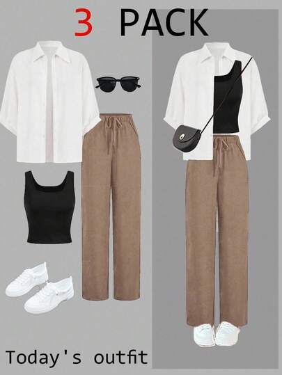 SHEIN LUNE 3 piezas Conjunto de otoño a cuadros en blanco y negro para mujer, nueva moda 2024 Camisa protectora elegante contra el sol, chaqueta estilizadora, pantalones de pierna ancha, conjunto de verano, casual