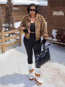 SHEIN EZwear Plus Size Leopard Print Zip-Up Hooded Jacket, Casual Everyday Winter Fall Autumn - Brown - View 12