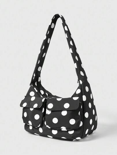 Anime Retro Minimalist Black & White Polka Dot Women's Large Capacity Shoulder Bag, Casual Tote Bag, Suitable For Daily Commute, Travel, Etc.