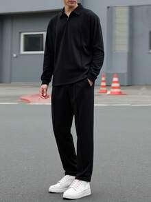 2pcs/Set Teenage Boys Casual Sports Homewear Solid Color Half Zip Hoodie And Drawstring Pants Set, Suitable For Spring/Autumn Fall Winter - Black - View 1