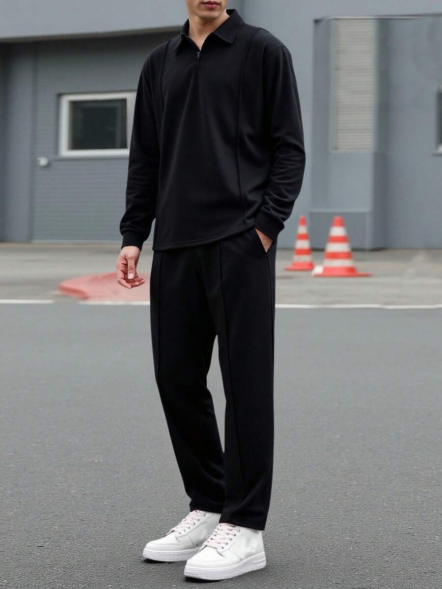 2pcs/Set Teenage Boys Casual Sports Homewear Solid Color Half Zip Hoodie And Drawstring Pants Set, Suitable For Spring/Autumn Fall Winter - Black - View 1