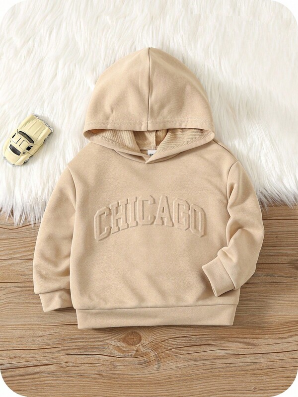 SHEIN Baby Boys' Casual College Style Beige 3D Embossed Sweatshirt,Soft Breathable Autumn Back-To-School Fashionable Hoodie For Daily Wear,Sports & School
