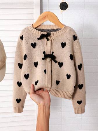 SHEIN Playful Pals Cardigan con fiocco in maglia spessa per ragazze, carino e minimalista, maglione a maniche lunghe per autunno/inverno