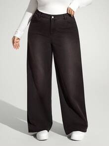 Enliva 大码女式宽松口袋喇叭裤休闲百搭牛仔裤/秋冬款，情人节，爱情，礼物，浪漫，情人节快乐，2026，新年 - 棕色 - 查看 3