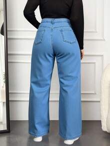 EURMUSE Plus Size Women Pockets Loose Wide Leg Casual Versatile Jeans - Baby Blue - View 2