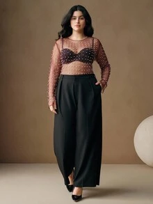 Anewsta 透明网眼女式加大码长袖夏季水钻珍珠上衣 女式春季服装 - 鏽棕色 - 查看 6