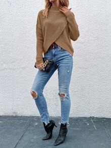 EMERY ROSE Sweater Pullover Kasual Lengan Panjang Kerah Tegak Bahu Longgar Warna Polos untuk Wanita, Musim Gugur/Dingin - Unta - View 4