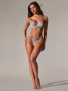 SHEIN BAE 2 件蓝色复古女士性感内衣套装 - 灰色 - 查看 3