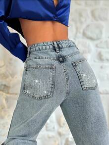 EURMUSE Quần jean Mom Fit cạp cao đính đá sáng màu chi tiết - Rửa nhẹ - Xem 1