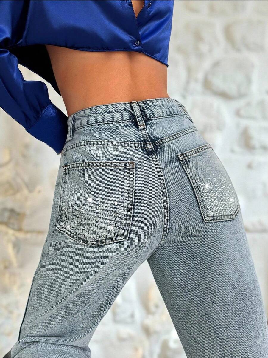 EURMUSE Quần jean Mom Fit cạp cao đính đá sáng màu chi tiết - Rửa nhẹ - Xem 1