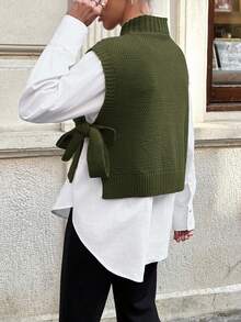 EURMUSE 女士纯色圆领侧腰系带休闲毛衣背心秋冬季 - 軍綠色 - 查看 2